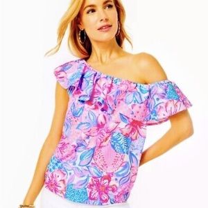 Lilly Pulitzer Zeldie One-Shoulder Ruffle Top Pink Isle Snappy Turtle